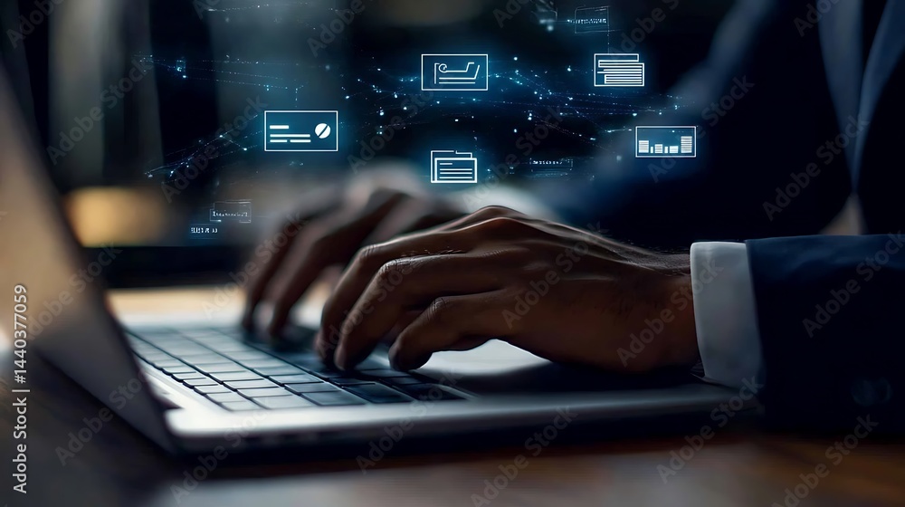 A close-up of a businessman's hand using a laptop, with floating icons for documents, loans, and contracts, representing the digital case study process A close-up of a businessman's hand using a laptop, with floating icons for documents, loans, and contracts, representing the digital case study process