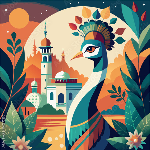 Vibrant peacock standing gracefully near a scenic landscape with architecture and lush vegetation at sunset Generative AI