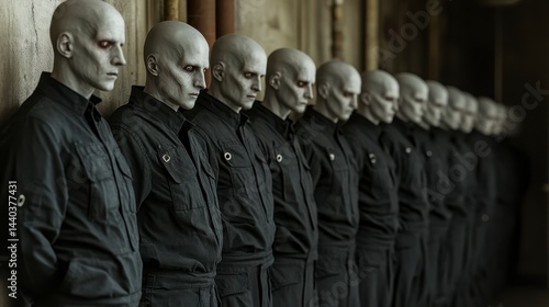 Wallpaper Mural Pale Figures in Uniform Stand in a Line Against a Gray Wall Torontodigital.ca