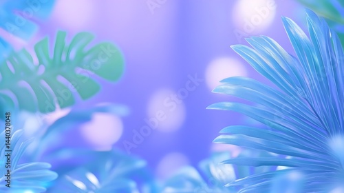Pastel blue and green tropical leaves against a soft, blurred background