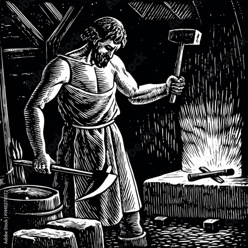 Blacksmith forging a weapon in a traditional workshop during the day Generative AI