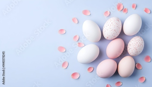 Pastel-colored eggs and rose petals arranged on a light purple background