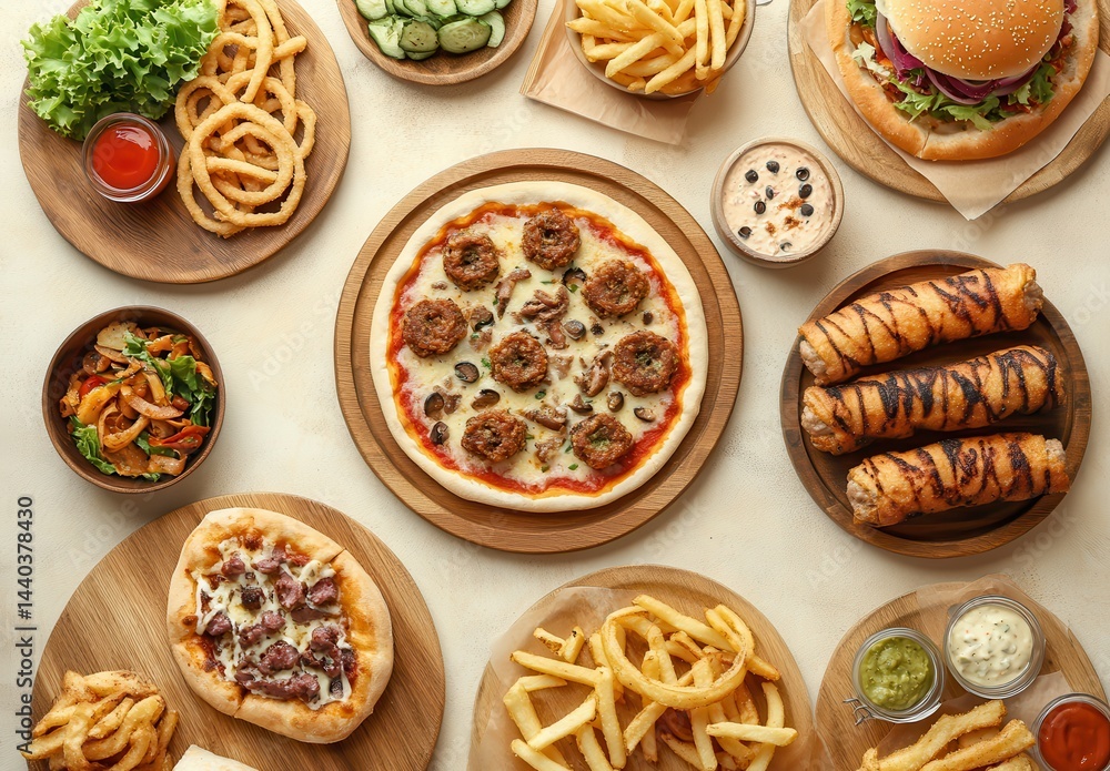 A Delicious Spread of Various Fast Foods Including Pizza, Burgers, Fries, Spring Rolls, and Salads on Wooden Plates Perfect for Food Lovers A Delicious Spread of Various Fast Foods Including Pizza, Burgers, Fries, Spring Rolls, and Salads on Wooden Plates Perfect for Food Lovers