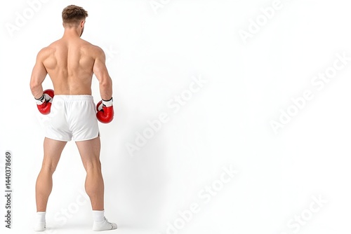Muscular man, back view, wearing red boxing gloves and white shorts, against a white background