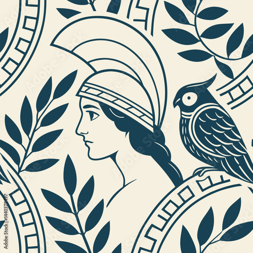 Ancient Greek pattern featuring a warrior woman, owl, and leafy decorations in a blue and white color scheme on a light background Generative AI