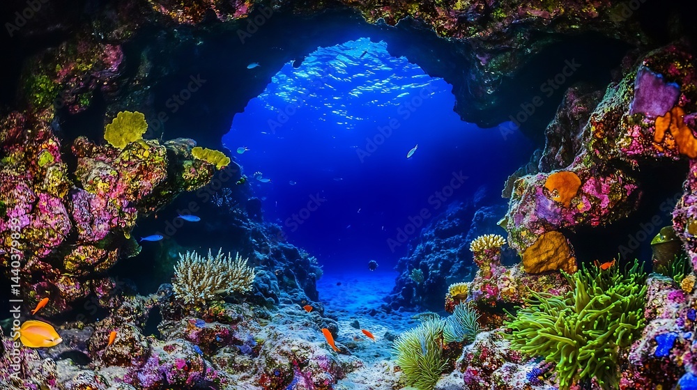Fototapeta premium Colorful underwater reef cave illuminated soft blue light aquatic fish weaving between coral formations the tide gently moving marine plants at the entrance cut out on isolated transparent background
