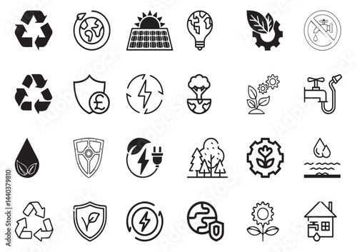 Set of 24 outline ecology and environment, recycling, nature protection, renewable energy and sustainable technology Vector illustration and with recycling editable vector isolated