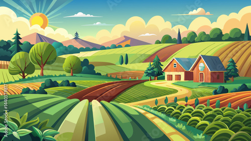 Agricultural cultivated field in summer season with growing crops. Green farm fields. Farming and agriculture industry