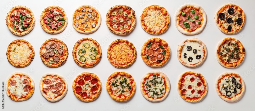 Assorted Gourmet Pizzas Displayed on White Surface Including Various Toppings and Styles Ideal for Culinary Themes and Food Photography Projects Assorted Gourmet Pizzas Displayed on White Surface Including Various Toppings and Styles Ideal for Culinary Themes and Food Photography Projects