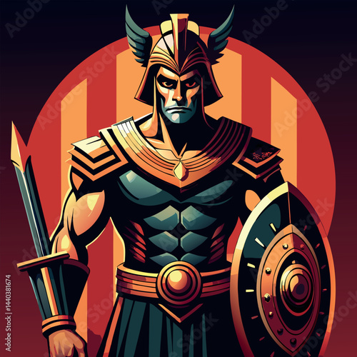 Warrior stands strong with shield and spear in striking armor against bold backdrop in dynamic illustration Generative AI