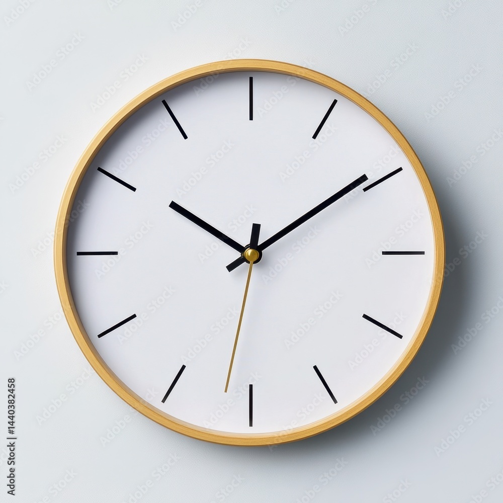 Minimalist wall clock with golden frame and simple black hands on clean wall Minimalist wall clock with golden frame and simple black hands on clean wall