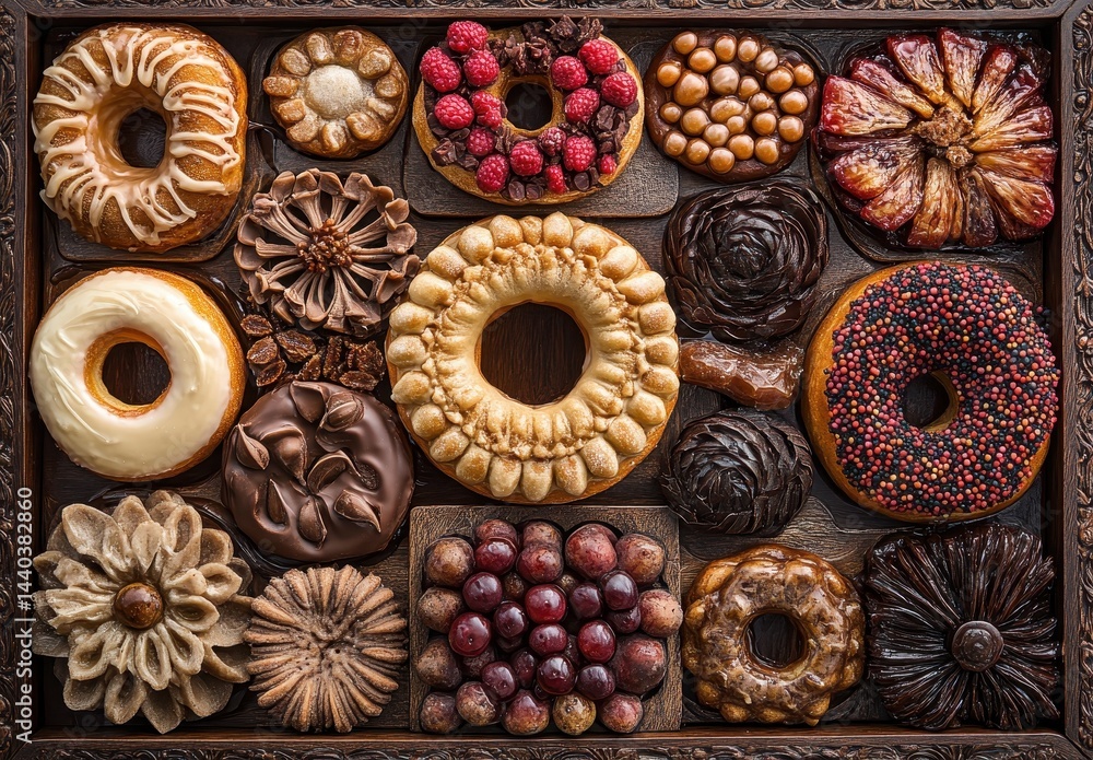 Beautiful Assortment of Different Donuts and Desserts Arranged on Decorative Tray with Rich Colors and Intricate Designs for Food Lovers Beautiful Assortment of Different Donuts and Desserts Arranged on Decorative Tray with Rich Colors and Intricate Designs for Food Lovers