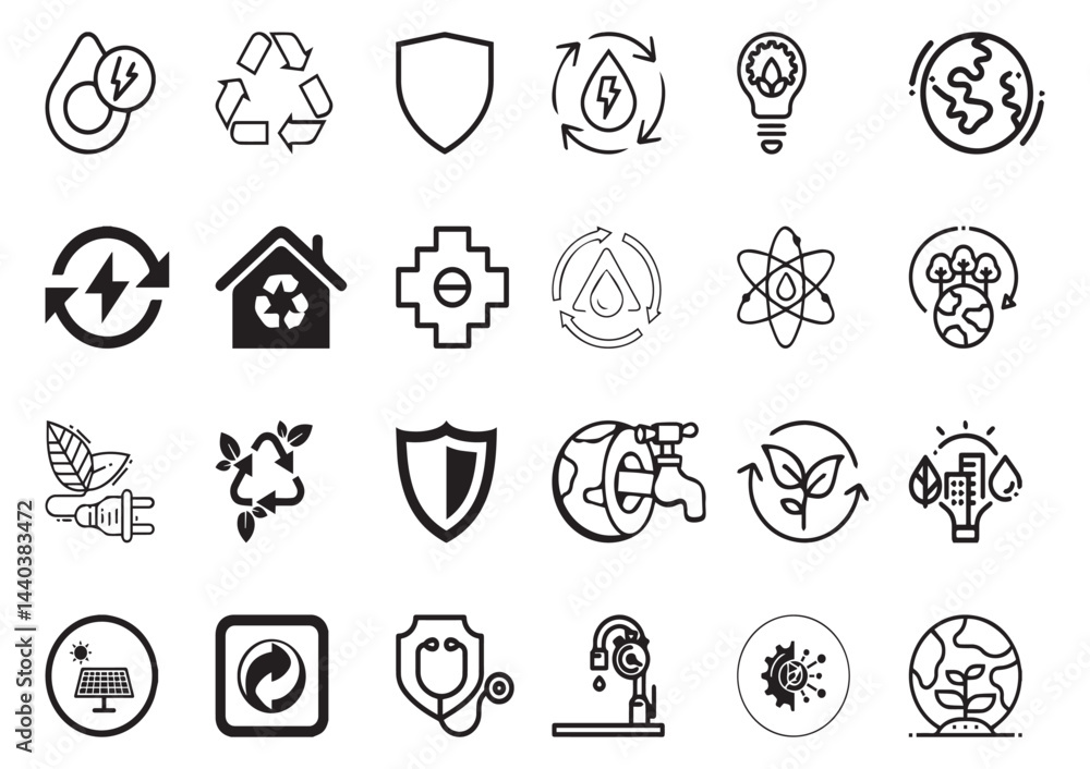 Set of 24 outline ecology and environment, recycling, nature protection, renewable energy and sustainable technology Vector illustration and with recycling editable vector isolated Set of 24 outline ecology and environment, recycling, nature protection, renewable energy and sustainable technology Vector illustration and with recycling editable vector isolated