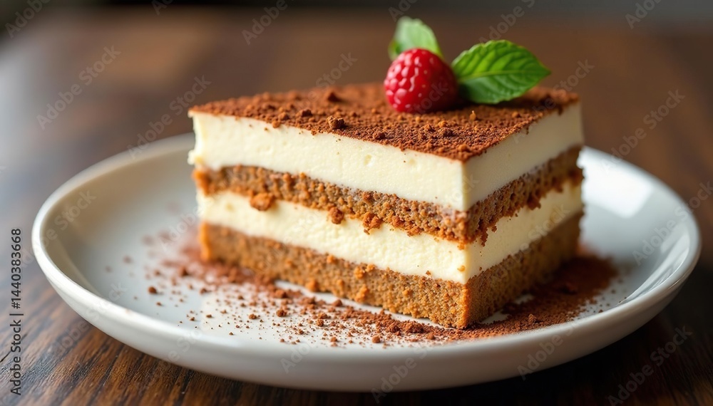 Elegant tiramisu slice, dusted cocoa, pristine , high-quality, confection, food photography Elegant tiramisu slice, dusted cocoa, pristine , high-quality, confection, food photography