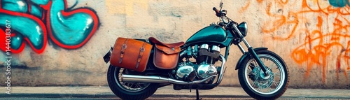 Vintage Motorbike with Leather Saddlebags and Graffiti Wall Backdrop, motorcycle , urban photo