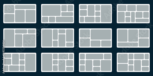 Set of Trendy bento grid layout style brick Ui UX templates. Grey on dark. Web comic grids, rounded corners. Different panel layouts with brutal shapes tiles of different sizes Vector illustration	