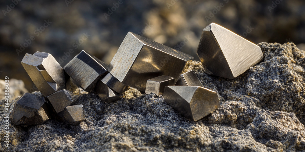 Neodymium metal pieces displayed on rocky surface outdoors Generative AI Neodymium metal pieces displayed on rocky surface outdoors Generative AI