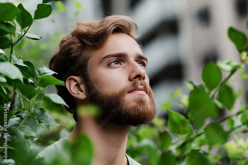 Young man contemplating amidst vibrant greenery in city Generative AI