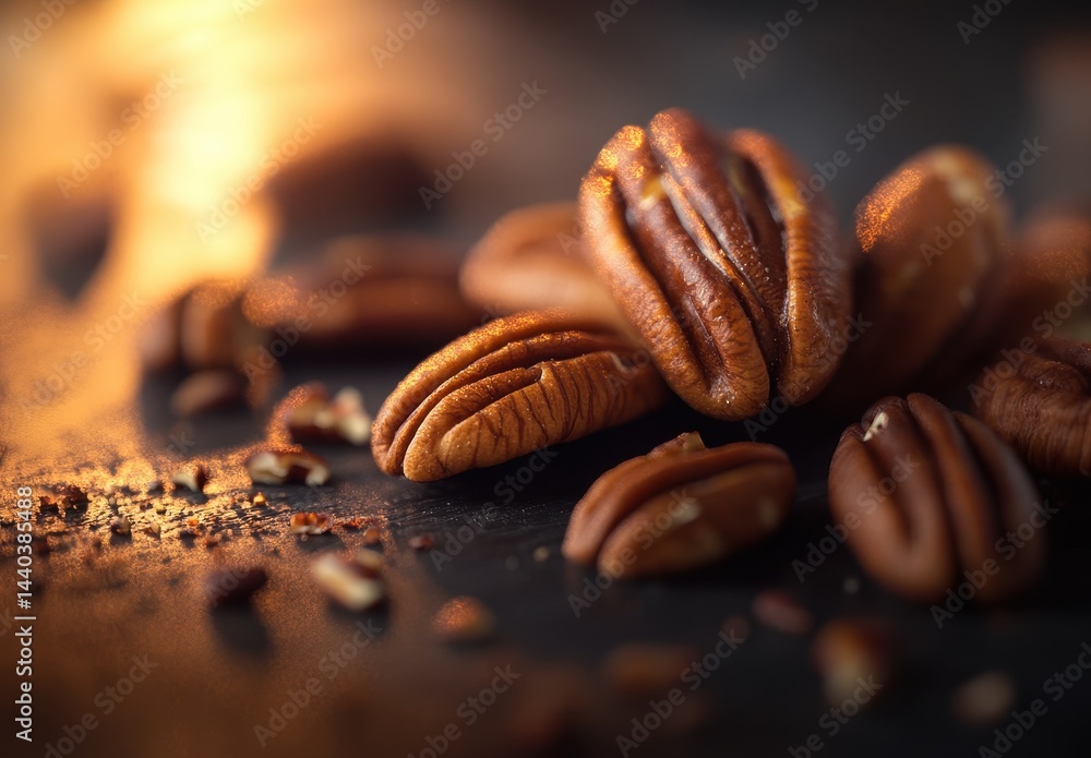 Close-Up of Delicious Pecan Nuts on Dark Surface with Soft Lighting and Warm Tones Creating a Cozy and Inviting Atmosphere Close-Up of Delicious Pecan Nuts on Dark Surface with Soft Lighting and Warm Tones Creating a Cozy and Inviting Atmosphere