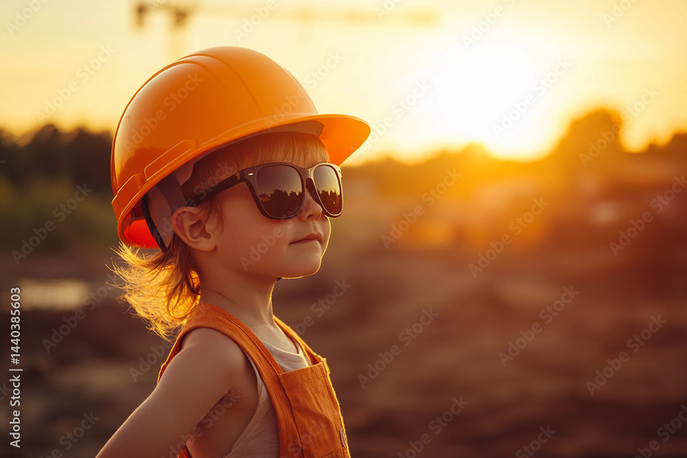 Young child wears construction helmet and sunglasses at sunset Generative AI