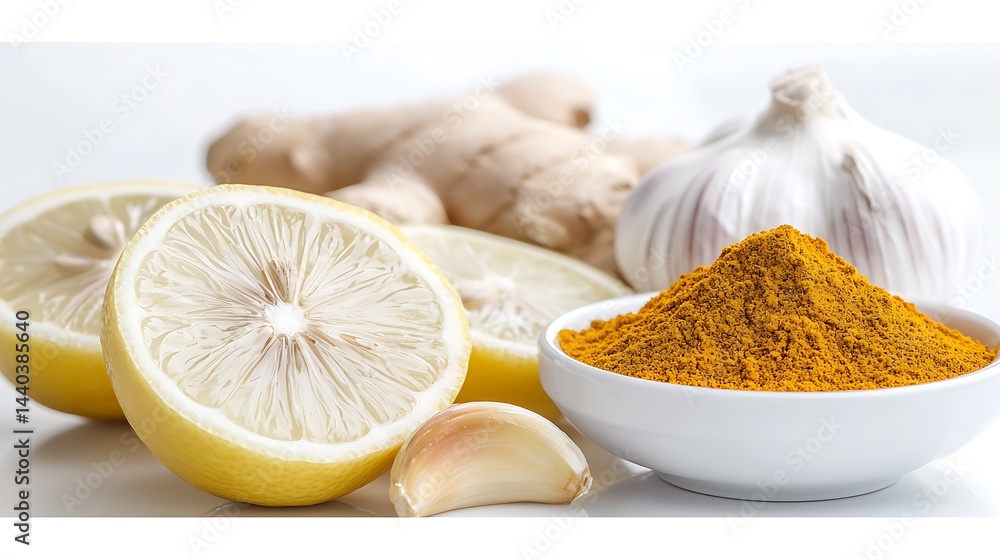 Natural remedies lemons, ginger, turmeric, and garlic on white Natural remedies lemons, ginger, turmeric, and garlic on white
