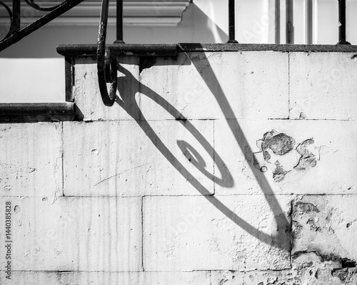 black and white photo, play of shadows with forged railing elements. shadow on a white stone wall
