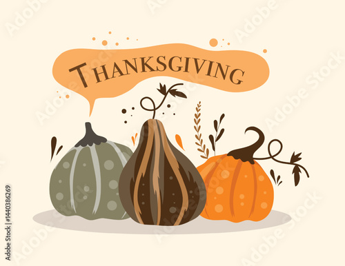 Simple and Charming Autumn Illustration with Various Pumpkins and a "Thanksgiving" Text Banner