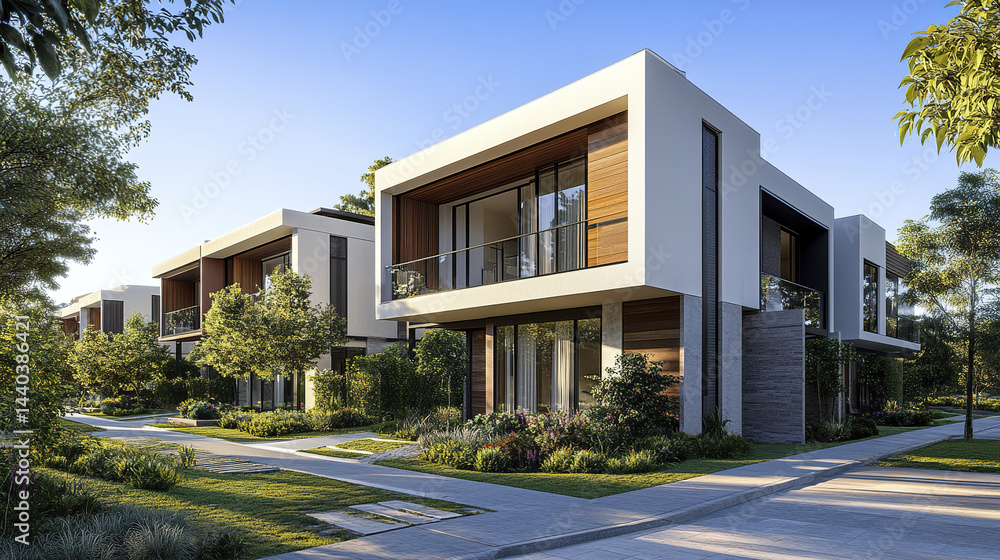 Modern duplex homes with contrasting textures and lush greenery create serene atmosphere Modern duplex homes with contrasting textures and lush greenery create serene atmosphere