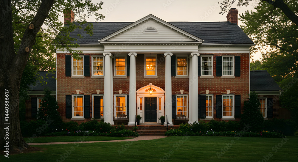 Fototapeta premium Elegant Colonial Home With Lawn in the Dusk