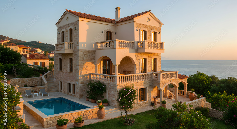 Obraz premium Luxury Villa With Pool Overlooking Sea At Sunset Tranquil European Getaway