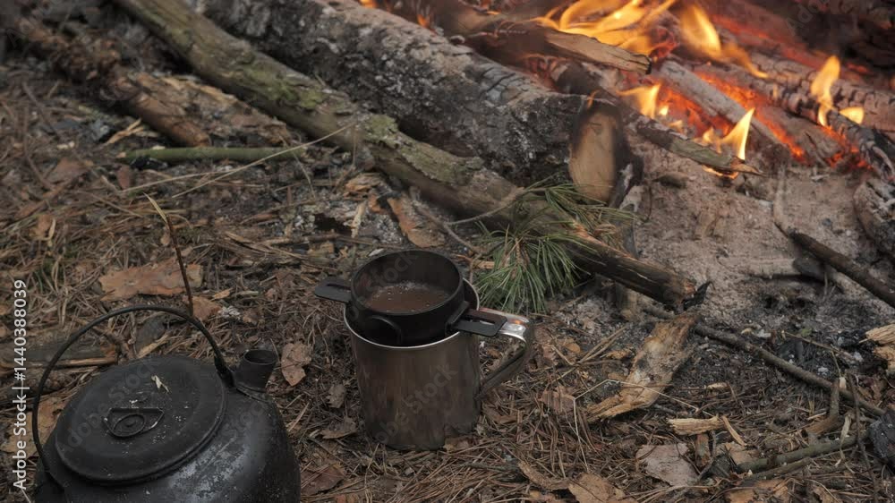 Campfire coffee in the wilderness, Metal kettle and cup of coffee placed near a crackling campfire in the forest, surrounded by dry leaves, pine needles, and burning logs Campfire coffee in the wilderness, Metal kettle and cup of coffee placed near a crackling campfire in the forest, surrounded by dry leaves, pine needles, and burning logs