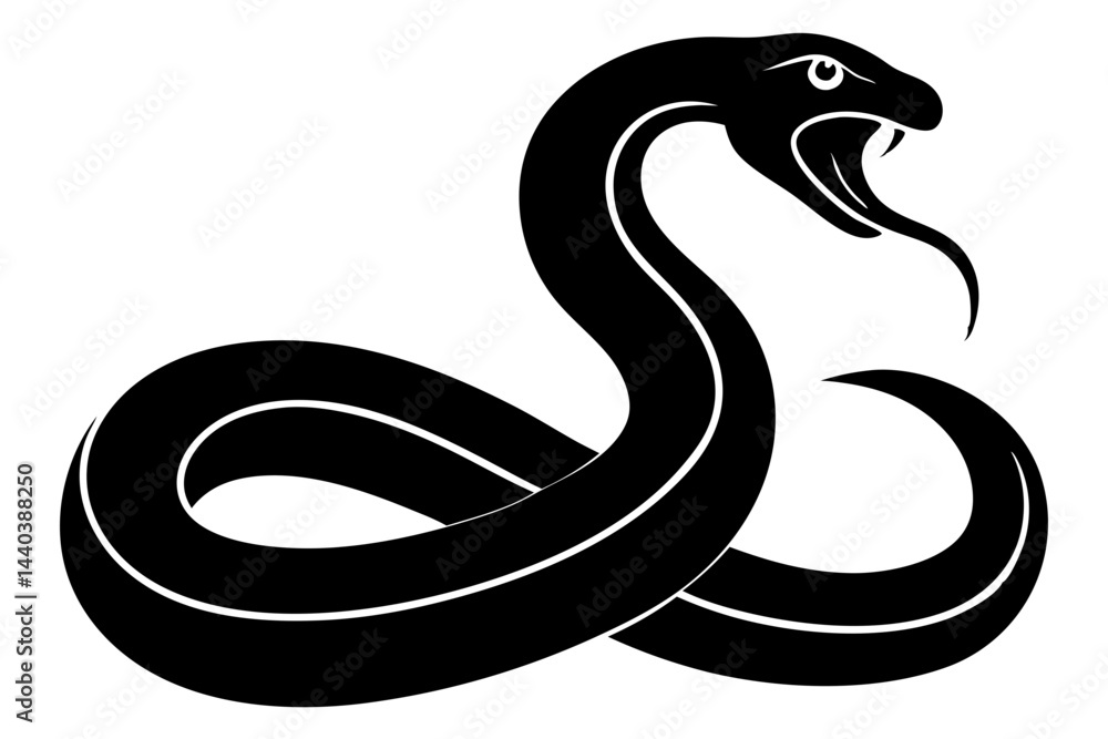 Fototapeta premium Black silhouette of an aggressive snake ready to strike on isolated white background, snake, serpent, cobra, viper, reptile, animal, wildlife, danger, venom, venomous, black, silhouette, vector