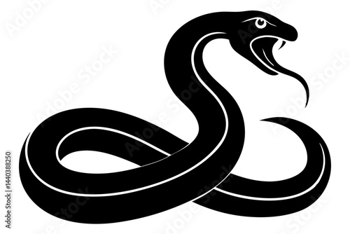 Black silhouette of an aggressive snake ready to strike on isolated white background, snake, serpent, cobra, viper, reptile, animal, wildlife, danger, venom, venomous, black, silhouette, vector
