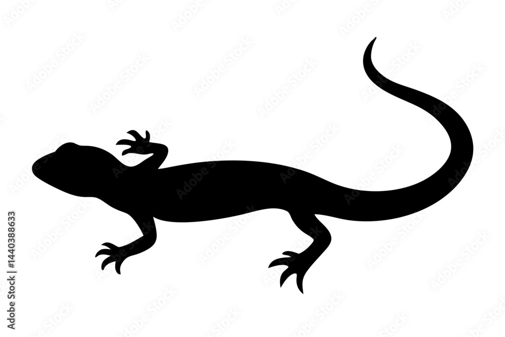 Naklejka premium Black Lizard Silhouette Vector Illustration, lizard, silhouette, black, vector, illustration, reptile, animal, design, graphic, minimalist, art, icon, logo, clipart, image, monochrome, style, outline,