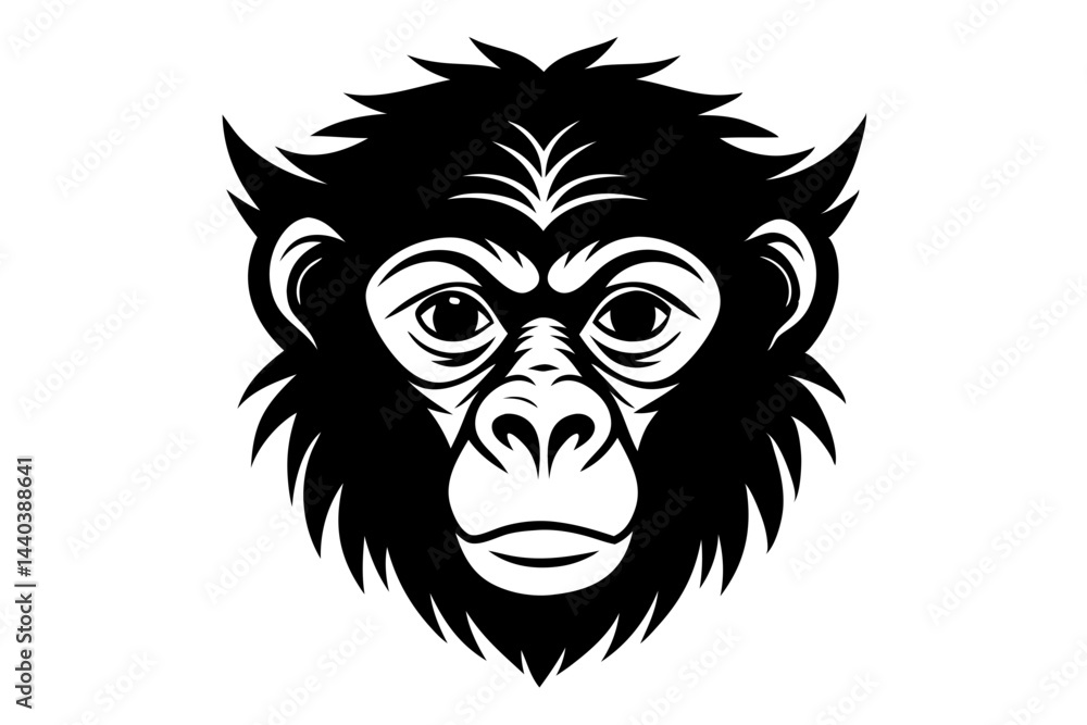 Vector illustration of a majestic monkey face in black and white design, monkey, ape, primate, mammal, animal, wildlife, face, head, vector, illustration, drawing, monochrome, black, white, icon Vector illustration of a majestic monkey face in black and white design, monkey, ape, primate, mammal, animal, wildlife, face, head, vector, illustration, drawing, monochrome, black, white, icon