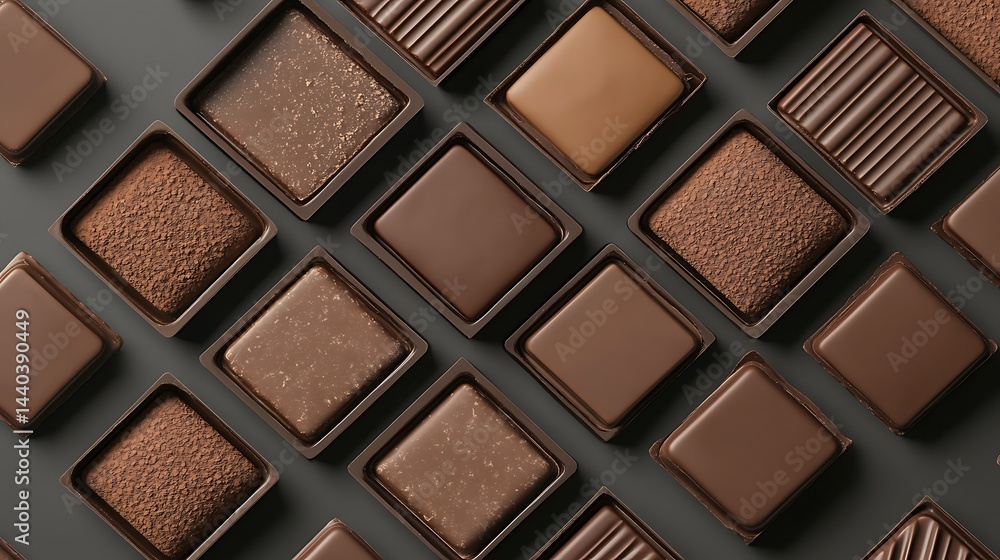 Fototapeta premium Assorted Dark and Milk Chocolate Squares Collection on Dark Gray Background Display