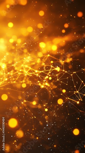 Vibrant golden abstract background featuring bright particles and flowing lines in a mesmerizing digital landscape