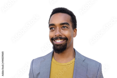 Smiling executive wearing business attire, looking upward against transparent backdrop