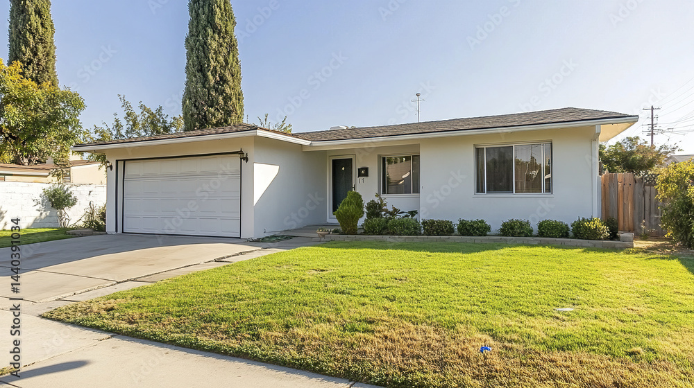 clean white home with garage door and small front lawn, exuding welcoming vibe clean white home with garage door and small front lawn, exuding welcoming vibe