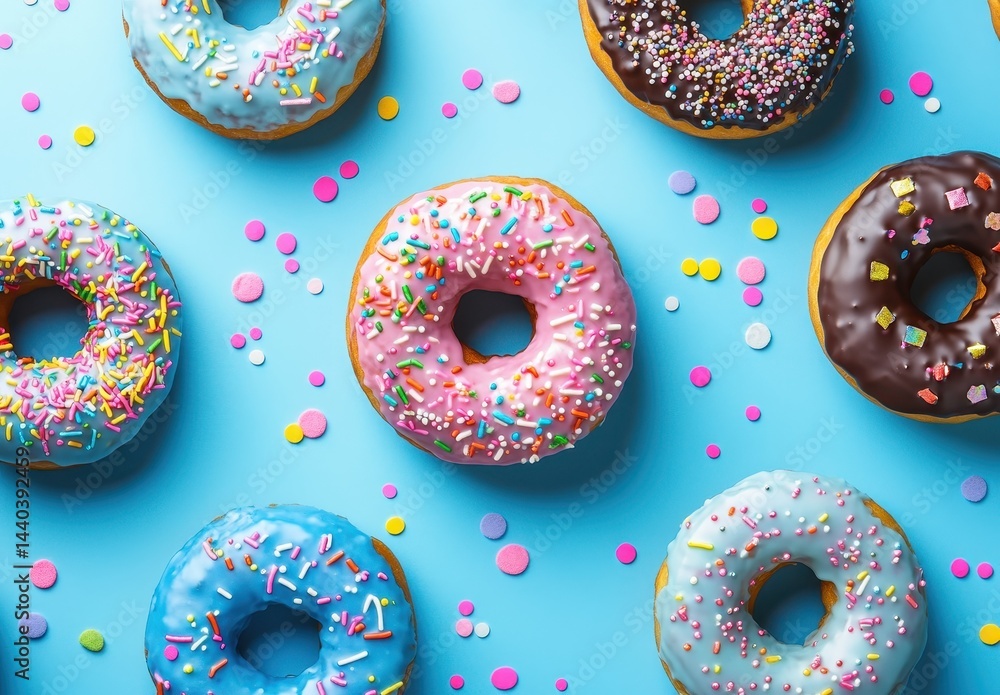 Colorful Donuts with Sprinkles and Icing on Blue Background Surrounded by Colorful Confetti for a Fun Sweet Treat Celebration Colorful Donuts with Sprinkles and Icing on Blue Background Surrounded by Colorful Confetti for a Fun Sweet Treat Celebration