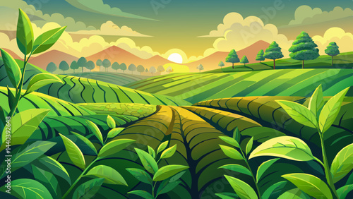 Green tea buds and leaves at early morning on plantation, tea plantation background, tea plantation in morning light, Green tea buds and leaves at early morning on plantation