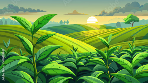 Green tea buds and leaves at early morning on plantation, tea plantation background, tea plantation in morning light, Green tea buds and leaves at early morning on plantation