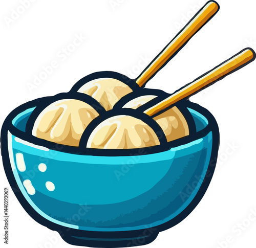 Ramen linear color illustration, Dim Sum With Chopstick Cartoon, Bakso indonesian food ai generated image