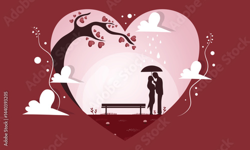 Romantic Valentine's Day Night Scene with Couple Under Umbrella Sharing Love by Heart Tree