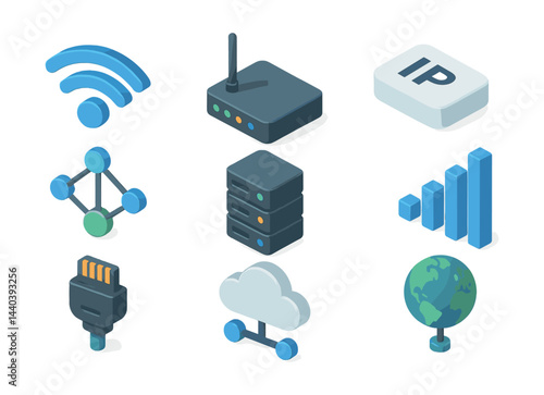 Technology and network icons set – wifi, router, ip, network, server, graph, cable, cloud, globe