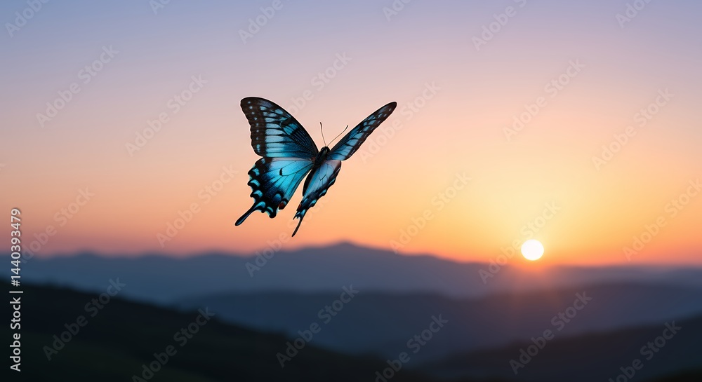 Fototapeta premium Blue butterfly soaring at sunrise