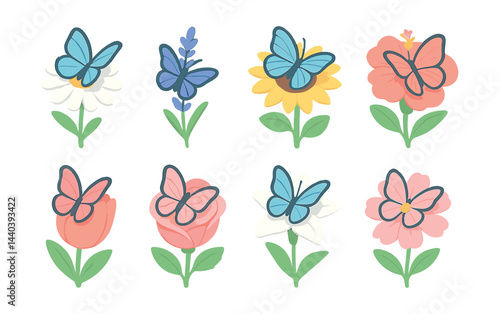 Butterfly and flower icon set – daisies, roses, butterflies, tulips, blooms, nature art
