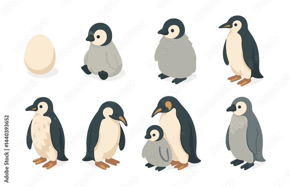 Fototapeta premium Penguin life cycle icons set – egg, chick, adult, family, growing stages