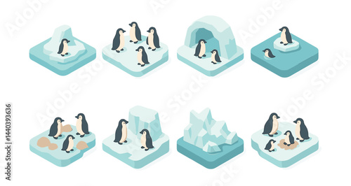 Penguin habitat icons set – penguins, icebergs, igloos, swimming, group, snow, antarctica, family