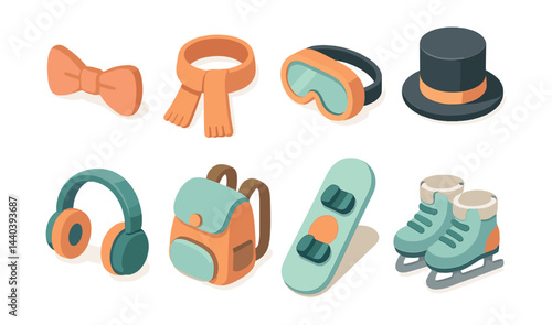 Winter accessories and sports icons set – scarf, skates, goggles, backpack, headphones